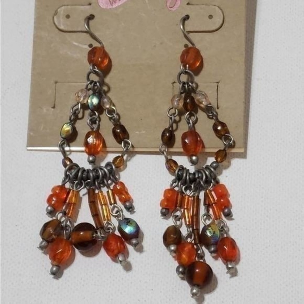 Treska Gypsy Beaded Chandelier Hoop Earrings Set Orange Amber Boho 2 Pairs